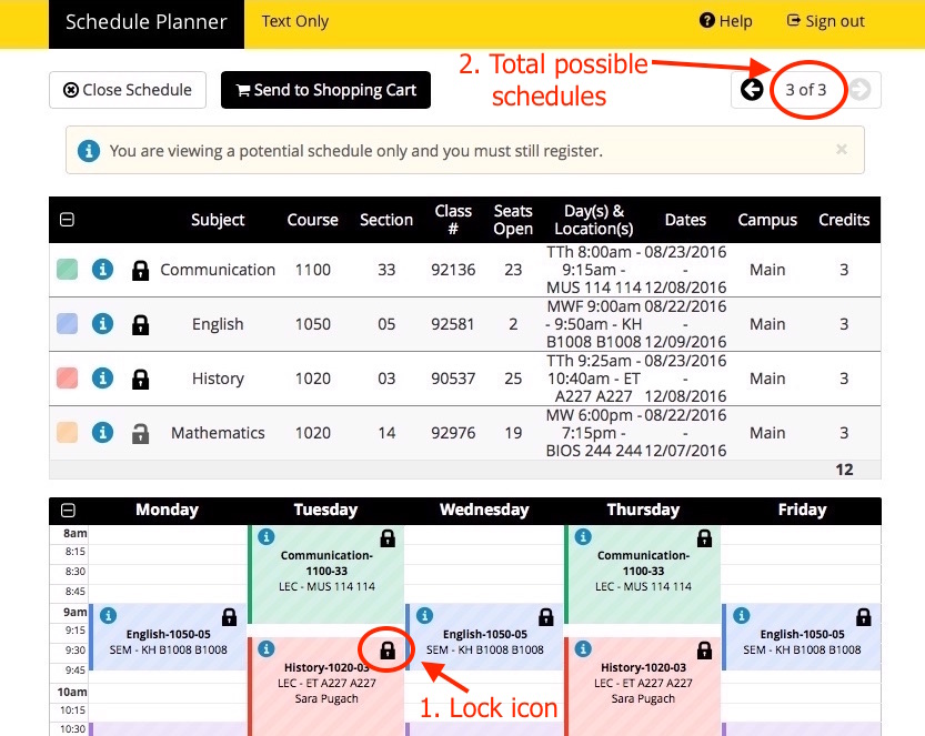 Screenshot of Schedule Planner > Sample Schedule (Calendar view).  This is what your schedule looks like as a calendar.